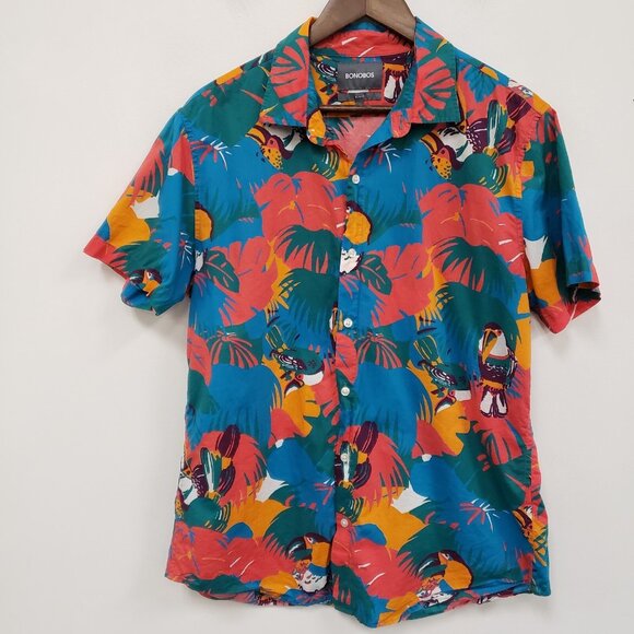 Bonobos Men Slim Fit Hawaiian Button Shirt Size L Tropical Beach Vacation Island - Picture 1 of 8